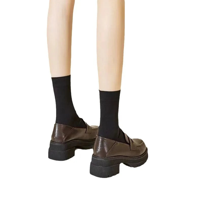 Zapatos informales de cuero para mujer, Zapatos de tacón de suela gruesa a la moda, mocasines transpirables de Color sólido, Zapatos de tacón alto cómodos a la moda para mujer