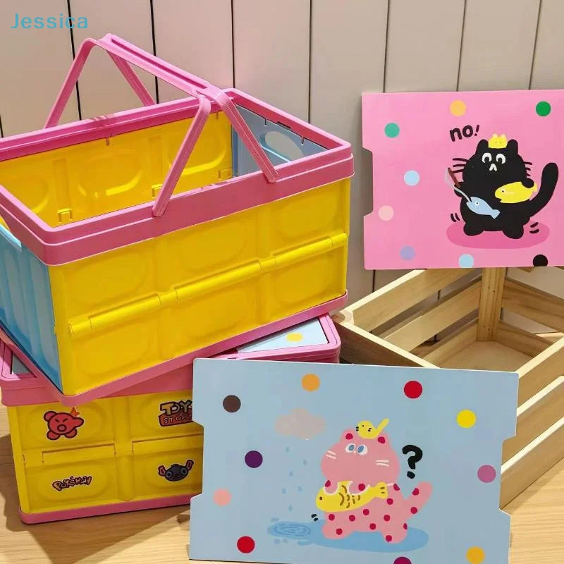 ♥ Cajas de almacenamiento plegables con estampado de dibujos animados, cajas organizadoras de juguetes plegables para niños, contenedores de almacenamiento portátiles coloridos