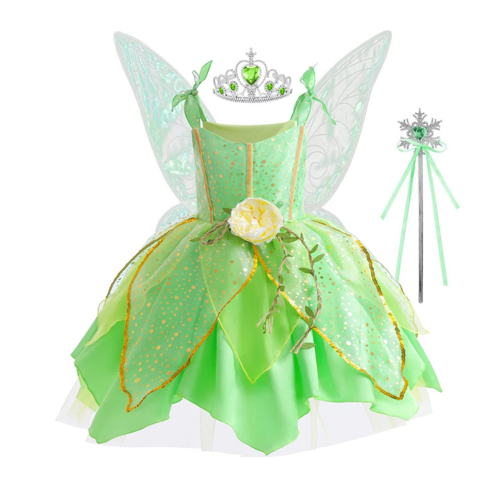 Vestido de Hada de las flores para niñas, vestido de princesa con alas, disfraz de princesa de Halloween, fiesta de elfos, Tinkerbell, vestido de campanilla