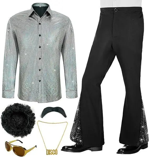 6 disfraces de discoteca de los años 70, incluyen camisa Retro, pantalones con parte inferior acampanada, peluca, gafas de sol, collar, gorro de peluca para fiesta disco, pantalón acampanado inferior