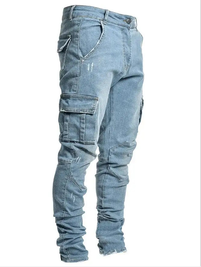 Pantalones vaqueros negros para Hombre, Pantalones Cargo con múltiples bolsillos, Pantalones vaqueros azules ajustados, Pantalones informales de moda para Hombre, Pantalones de calle 3XL