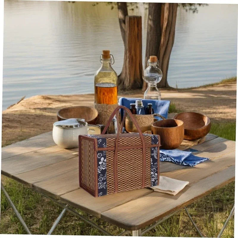 Cesta de frutas tejida de bambú plegable, mango de mano, cesta de comida para compras de frutas, cesta de almacenamiento de alimentos para Picnic para exteriores