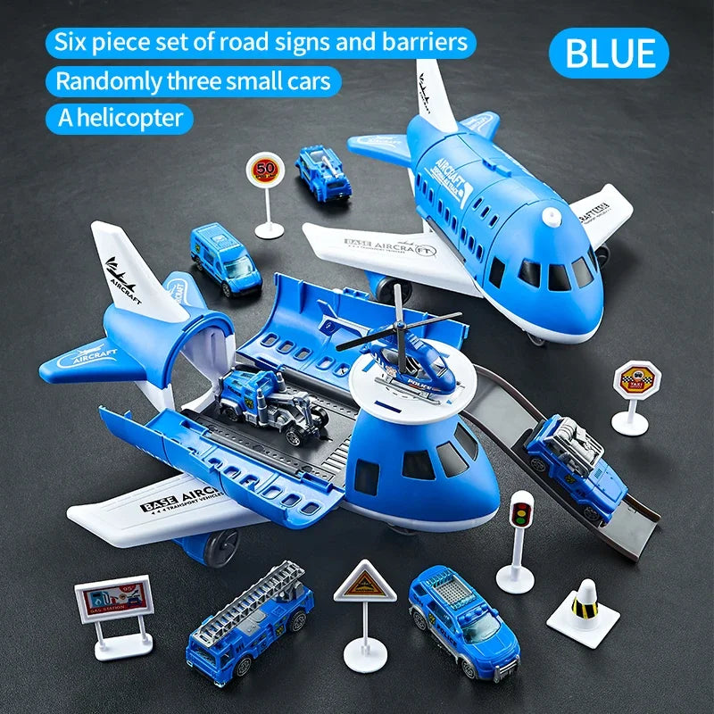 Modelo de avión para niños, juguetes, modelo inercial, aviones de simulación, juguetes multifuncionales, 3 coches aleatorios, 1 helicóptero, 6 señales de tráfico