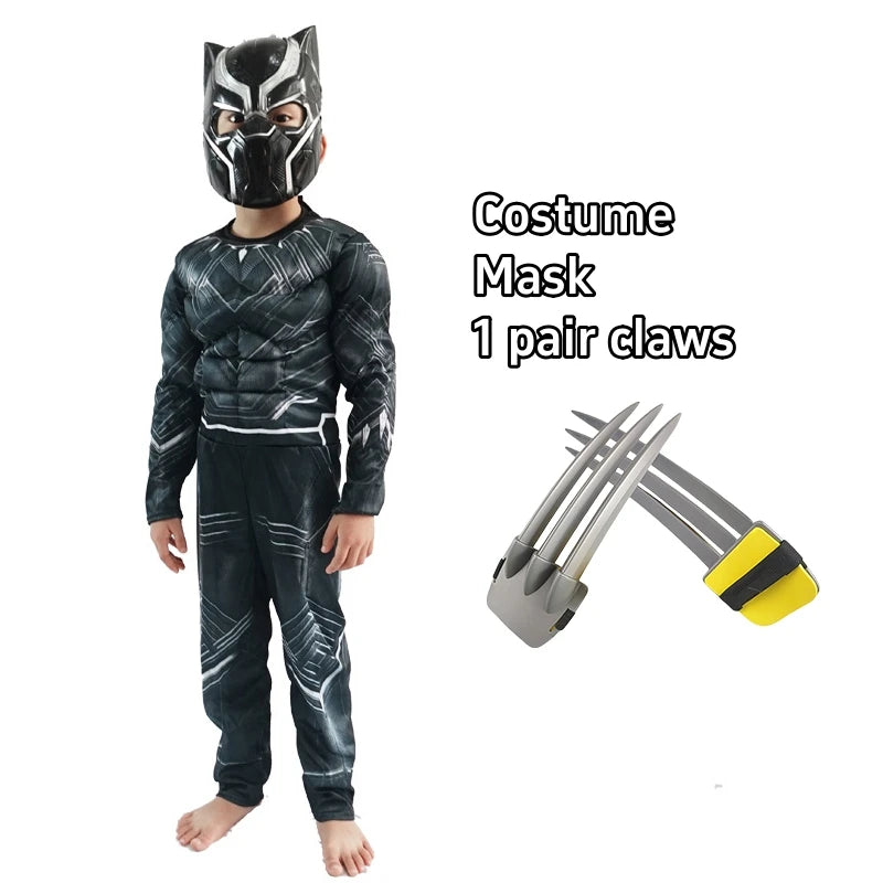 Disfraz de Pantera Negra para niños, mono con músculos, superhéroe, Pantera Negra, Cosplay, máscara, garras, disfraces de Halloween para niños