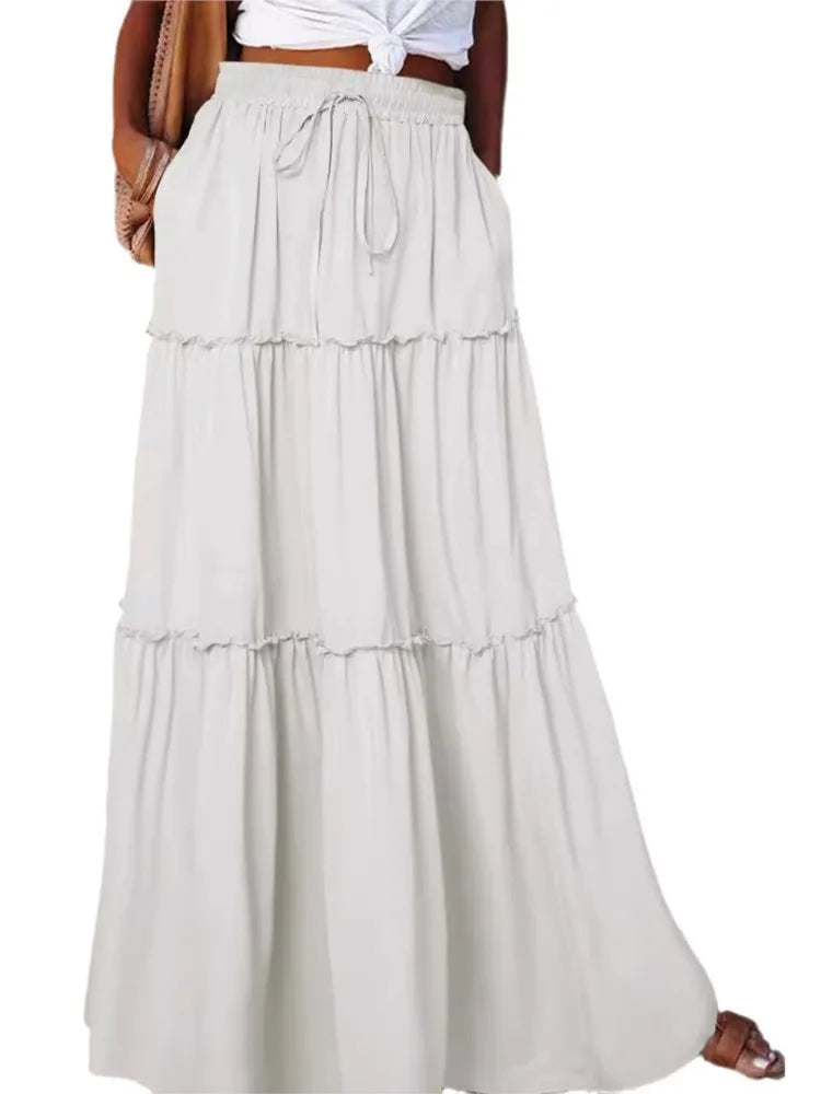 Falda larga de Color liso para mujer, falda en capas de seta de moda, falda elástica de cintura alta con volantes, primavera y otoño, nueva