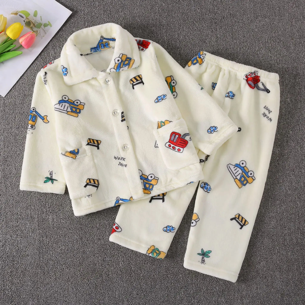 Conjuntos de pijamas cálidos de Franela suave para niños, abrigo con solapa de dibujos animados bonitos y pantalones, ropa de dormir informal para niños, Otoño e Invierno