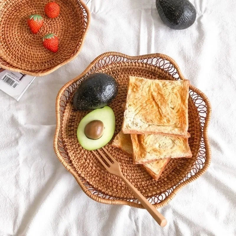 Cesta redonda de ratán para fruta, bandeja tejida de mimbre para aperitivos, organizador de alimentos para pan, almacenamiento de cocina, decoración del hogar