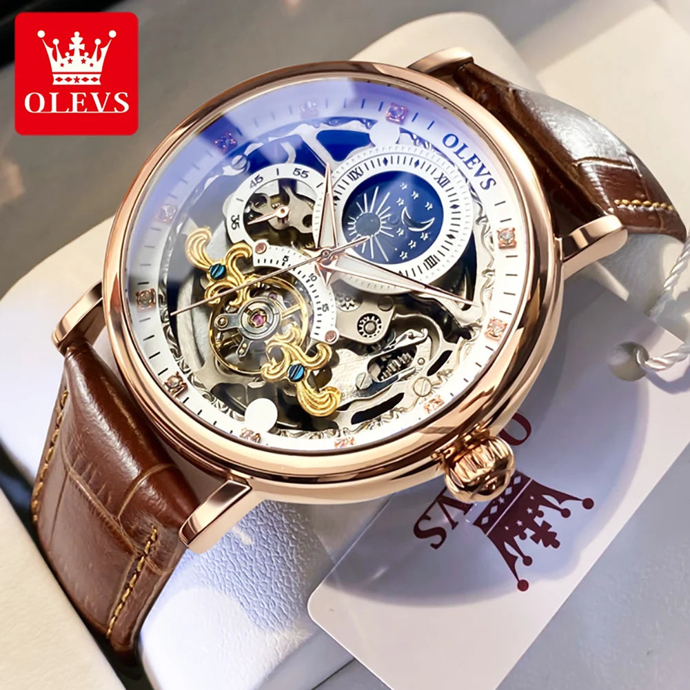 OLEVS Relojes de esqueleto, reloj mecánico automático para Hombre, reloj deportivo Tourbillon, reloj de pulsera informal de negocios con forma de Luna, Relojes para Hombre