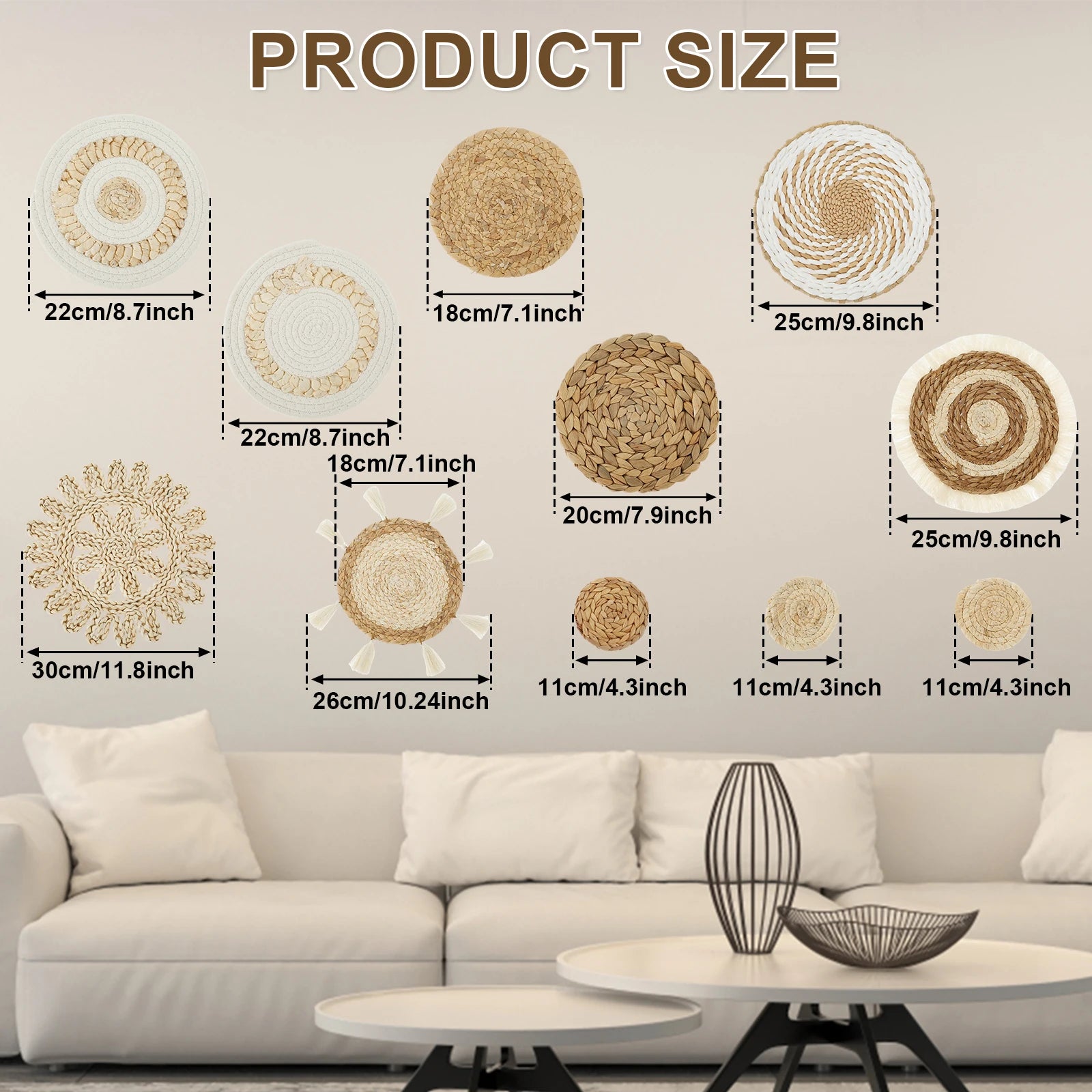 11 Uds. Decoración de cesta de pared tejida, decoración de pared de mimbre decorativa, cestas de pared de mimbre hechas a mano, cesta de pared estética, decoración tejida