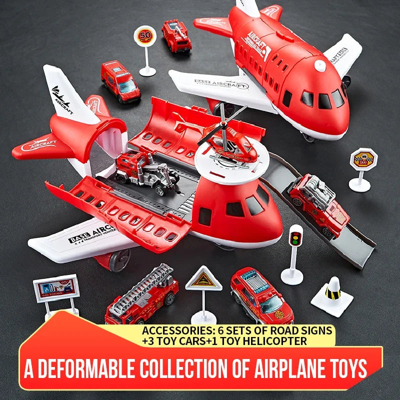 Modelo de avión para niños, juguetes, modelo inercial, aviones de simulación, juguetes multifuncionales, 3 coches aleatorios, 1 helicóptero, 6 señales de tráfico