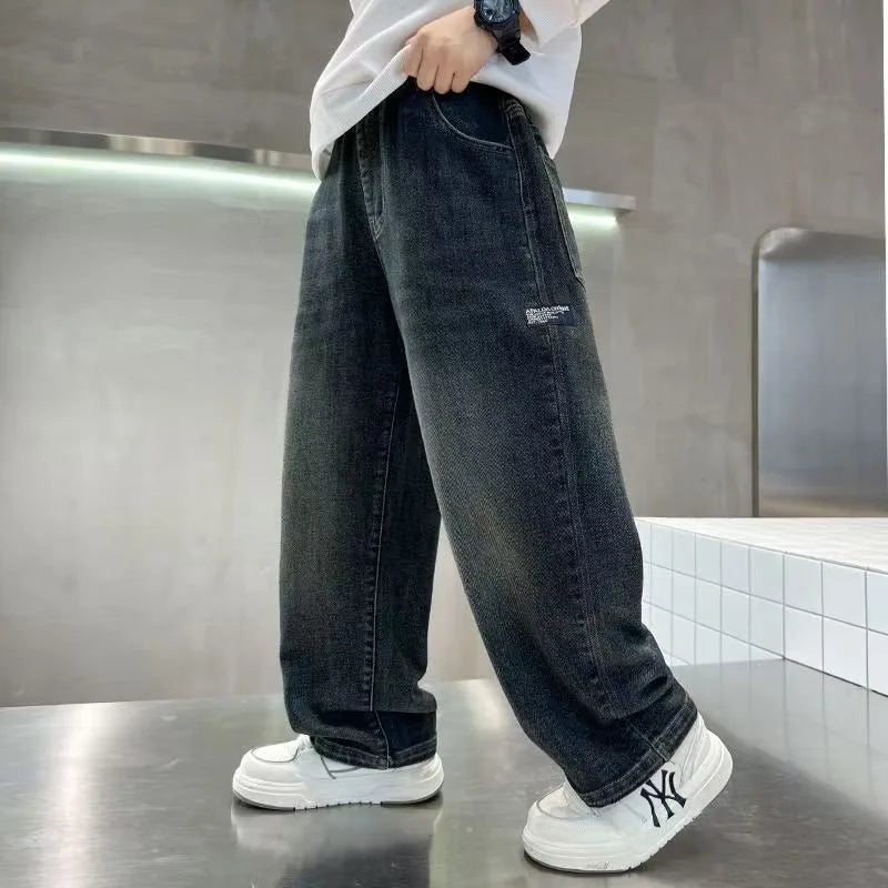 Pantalones vaqueros para niños adolescentes, pantalones vaqueros con letras a la moda para primavera y otoño, pantalones rectos sueltos informales para niños de 4 a 14 años