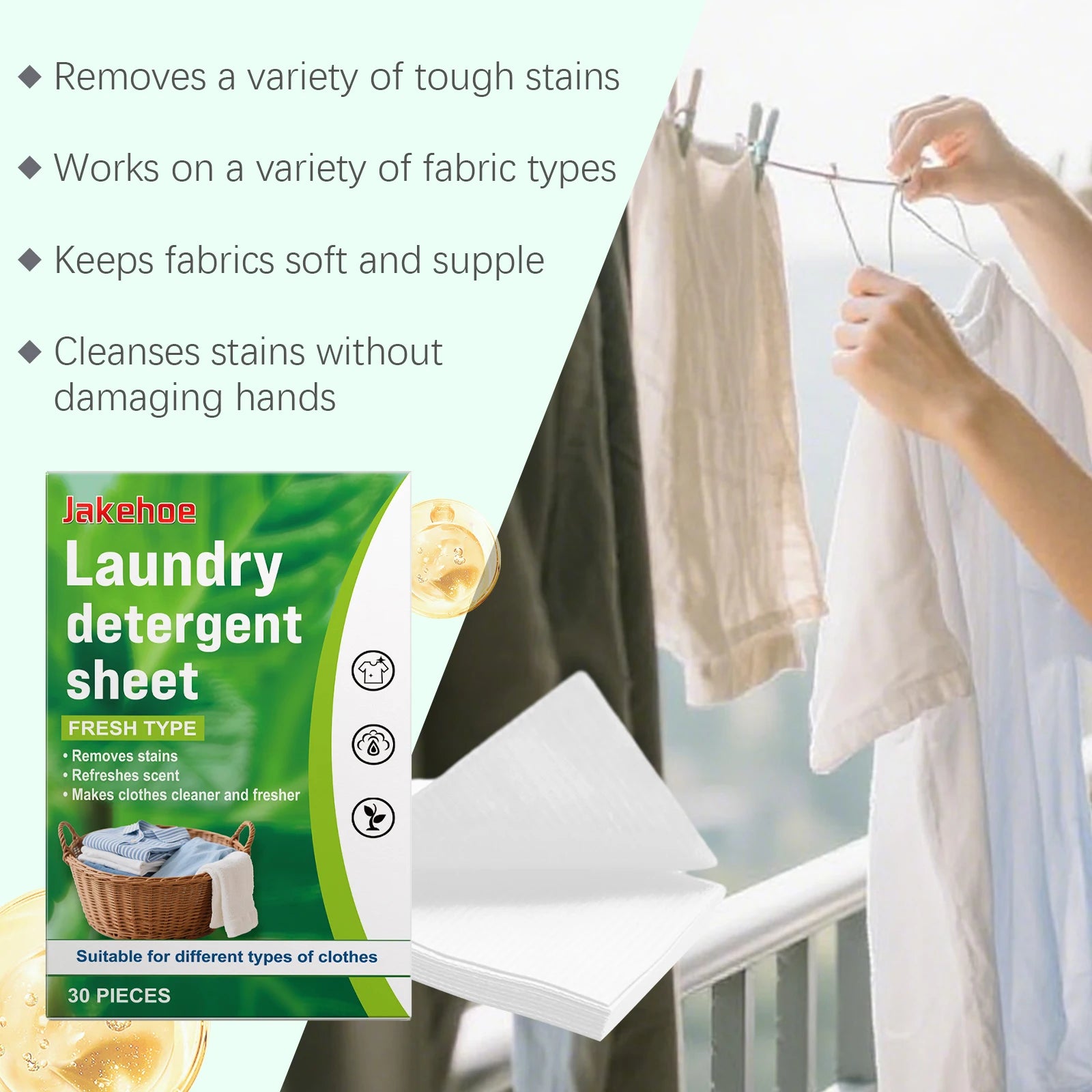 Las hojas de detergente para ropa disuelve profundamente las manchas de suciedad y grasa adecuadas para lavadoras, hojas de ropa suaves y fragantes