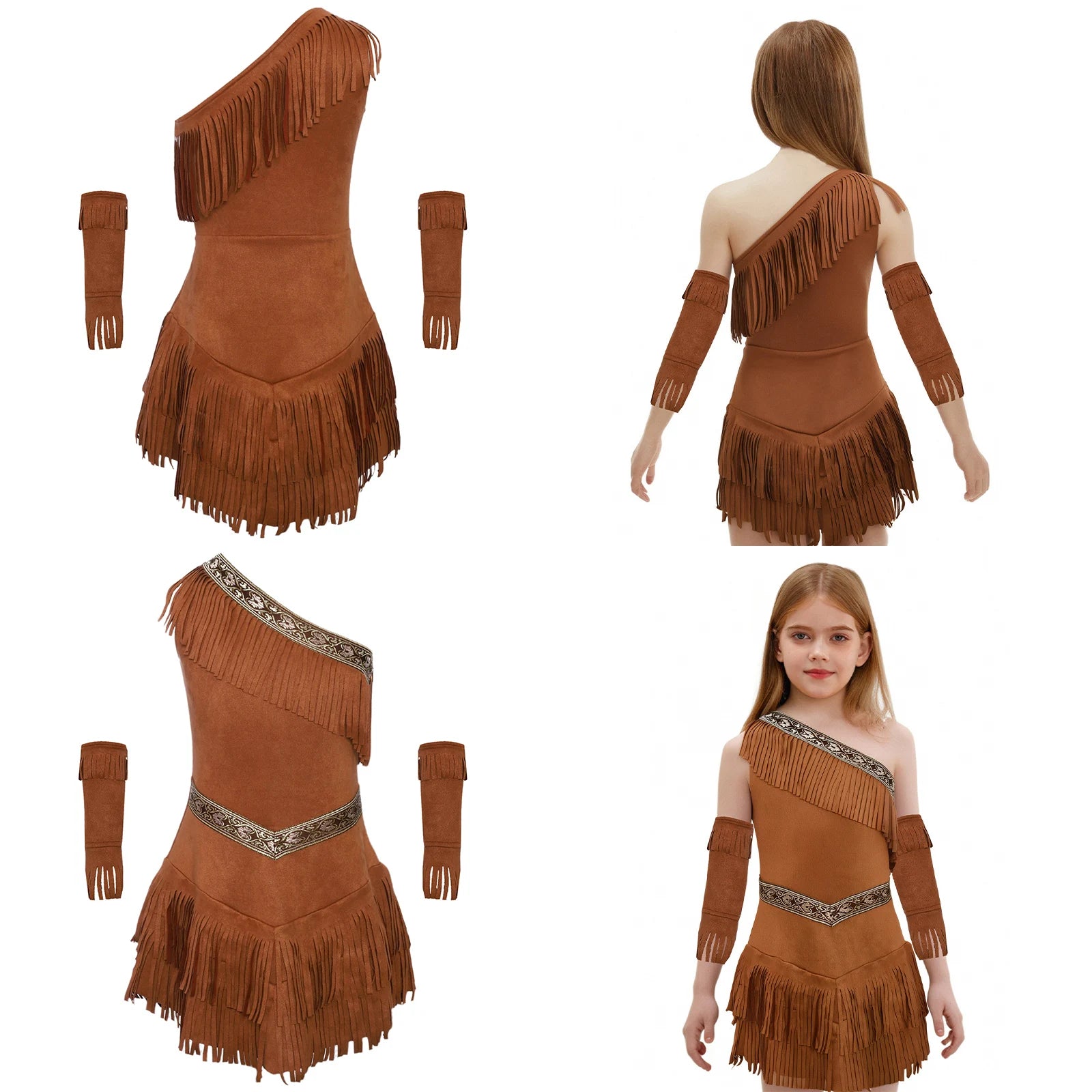 Disfraces indígenos indígenas para niñas, vestidos de Cosplay de Halloween, vestido de princesa de los Indios Savagees de hombre de las cavernas, vestido de gamuza y mangas con borlas