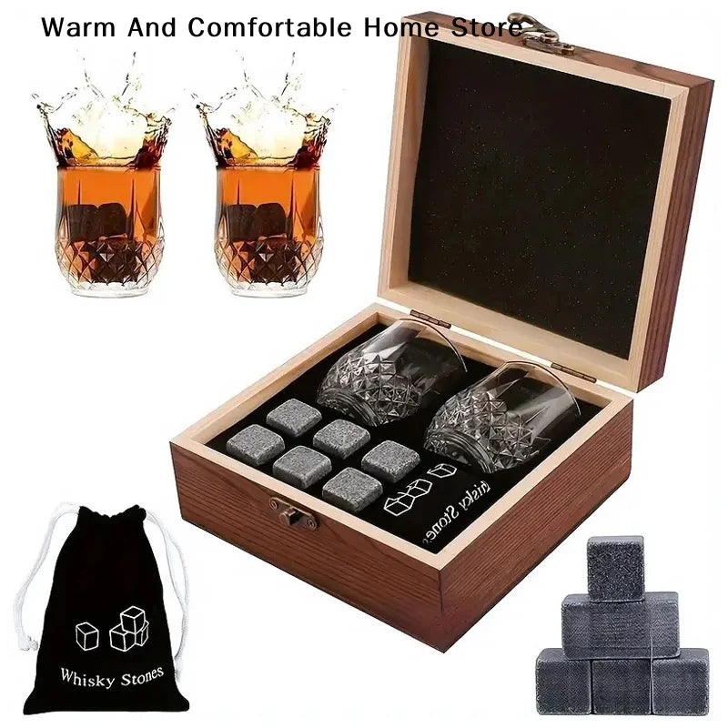 Regalo del Día del Padre para Hombres, Juego de Vasos con Piedras para Whisky, Bloque de Granito para Whisky en Caja de Madera, Regalo para Papá o Esposo