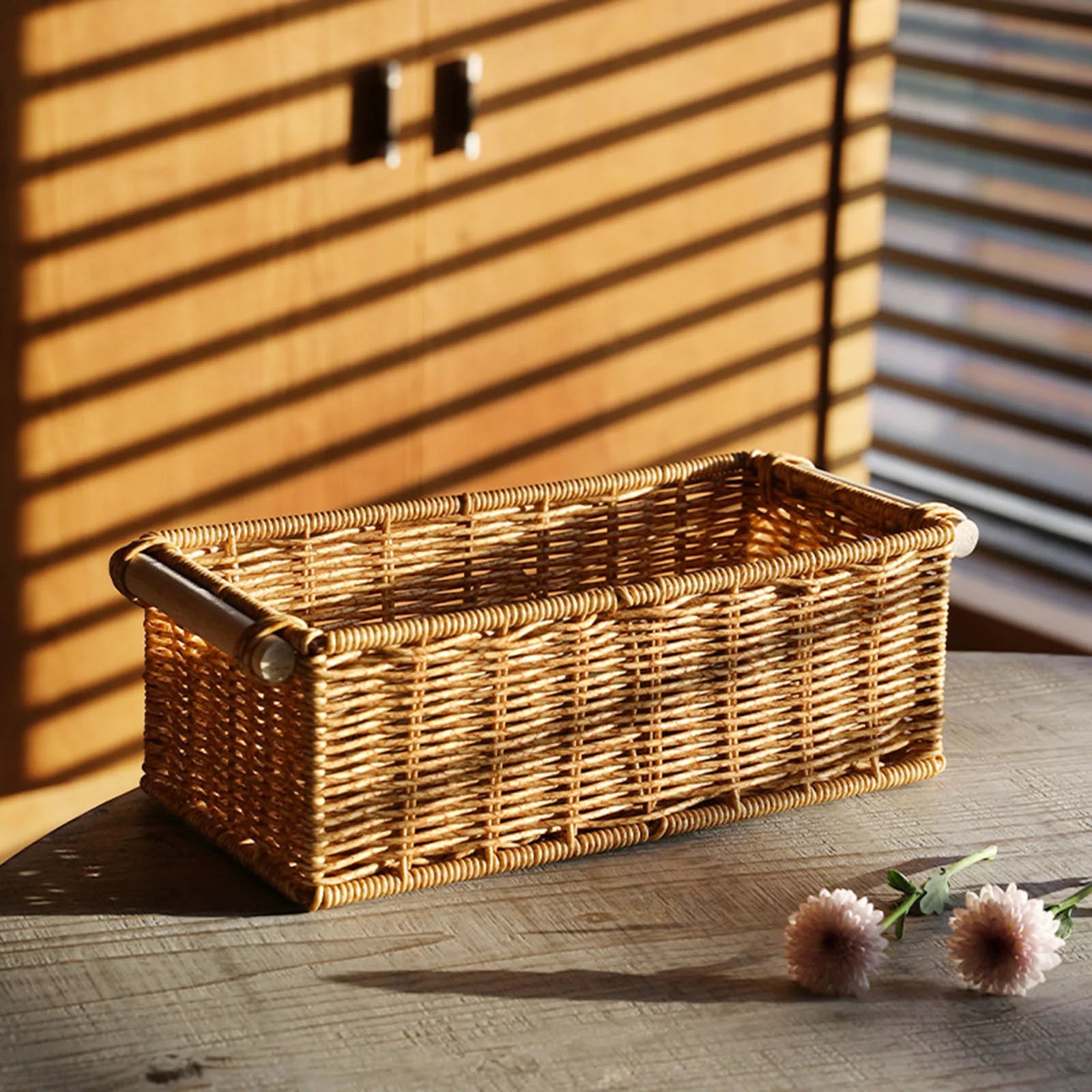 Cestas de ratán de imitación para organizar cestas tejidas largas y estrechas rectangulares para Bar, baño, dormitorio, mesa de centro