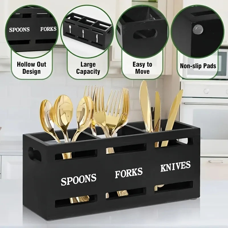 Caja organizadora de cubiertos con múltiples compartimentos de madera para utensilios de cocina, palillos, cucharas, bandeja de almacenamiento para mesa de comedor Rectangular