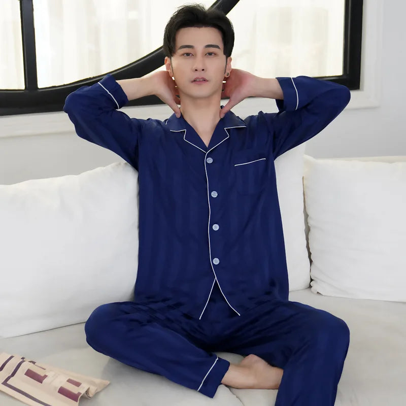 Pijamas para hombre, Primavera Verano, seda fina de hielo, lujoso, holgado, traje para el hogar, conjunto de pijamas de satén para hombre, conjunto de pijamas de noche para hombre
