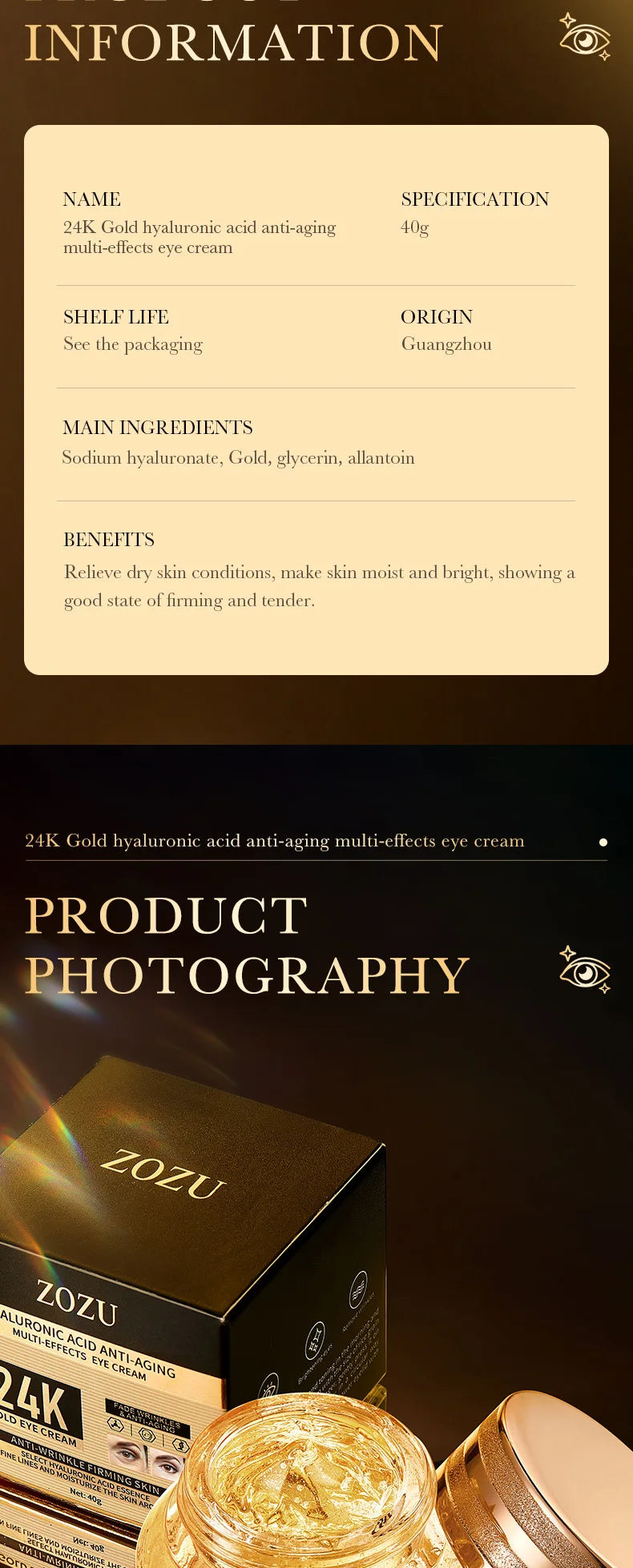 Crema de ojos de ácido hialurónico de oro de 24k, bolsas para ojos antiojeras, productos hidratantes reafirmantes para el cuidado de la piel de los ojos