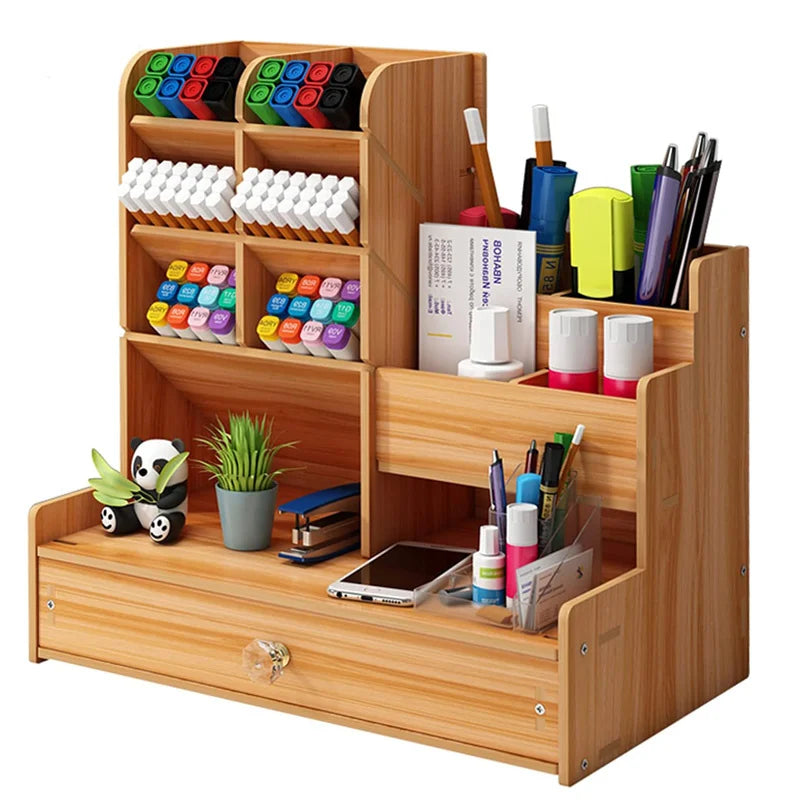 Organizador de escritorio de madera, portalápices ordenado de escritorio DIY, caja de almacenamiento de papelería de gran capacidad con cajón para el hogar, la Oficina y la escuela