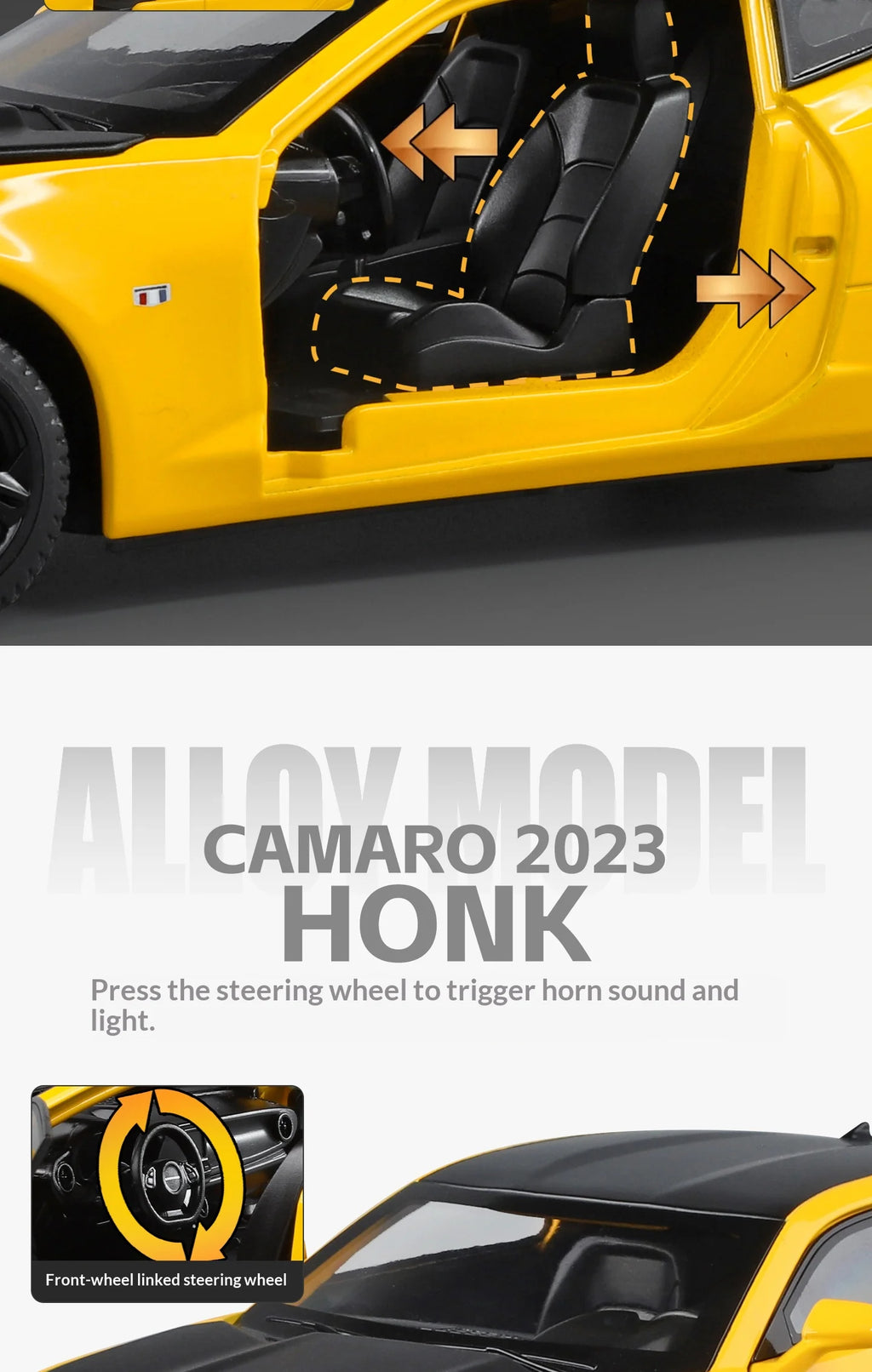 Modelo de coche de aleación Camaro - Puertas abiertas - Absorción de impactos de neumáticos de goma - Cuerpo de metal fundido a presión - Decoraciones para automóviles