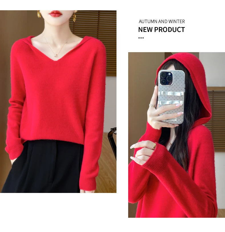 Ropa de Otoño Invierno para mujer, jersey con cuello con capucha, suéter de lana merina de 100%, Tops de Cachemira a la moda, prendas de punto suaves