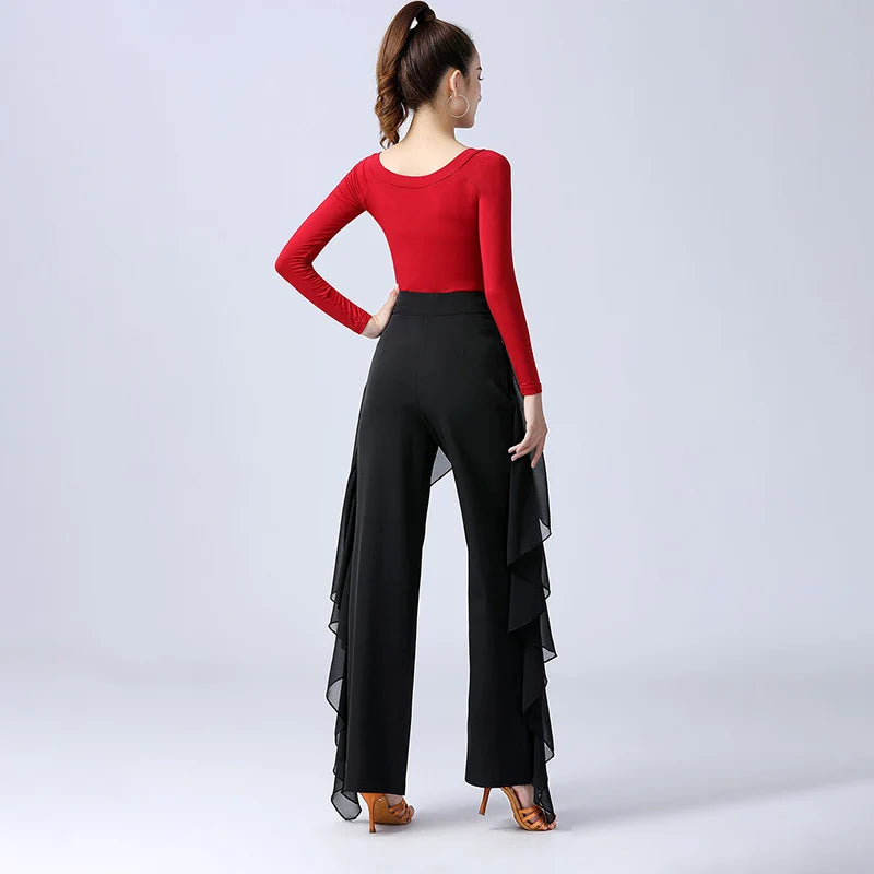 Pantalones de baile latino para mujer, pantalones anchos con volantes de cintura alta para baile moderno, pantalones de salón Tango Samba, traje de práctica de actuación