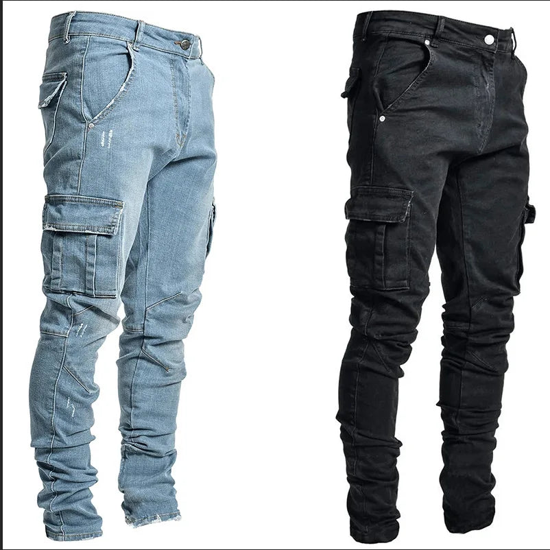 Pantalones vaqueros negros para Hombre, Pantalones Cargo con múltiples bolsillos, Pantalones vaqueros azules ajustados, Pantalones informales de moda para Hombre, Pantalones de calle 3XL