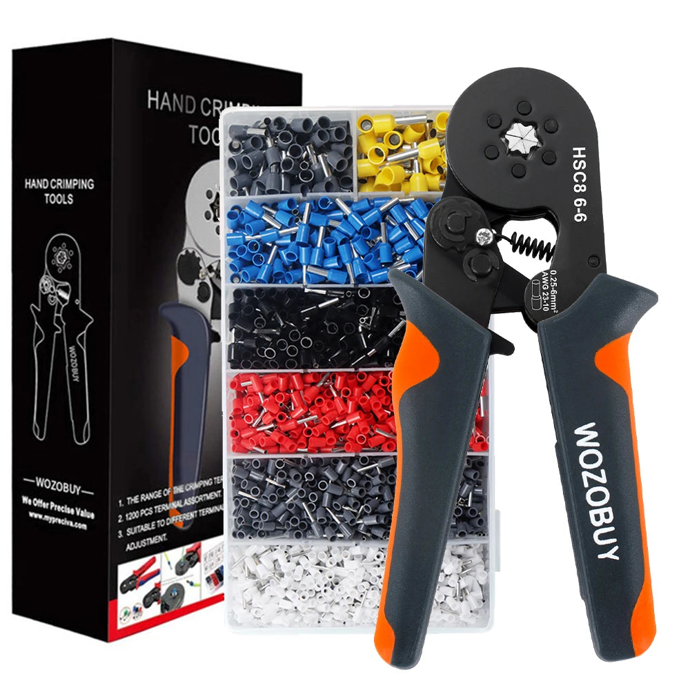 Kit de herramientas para engarzar virolas con terminales de casquillos, engarzadora de cables de trinquete autoajustable WOZOBUY para conectores de cables eléctricos