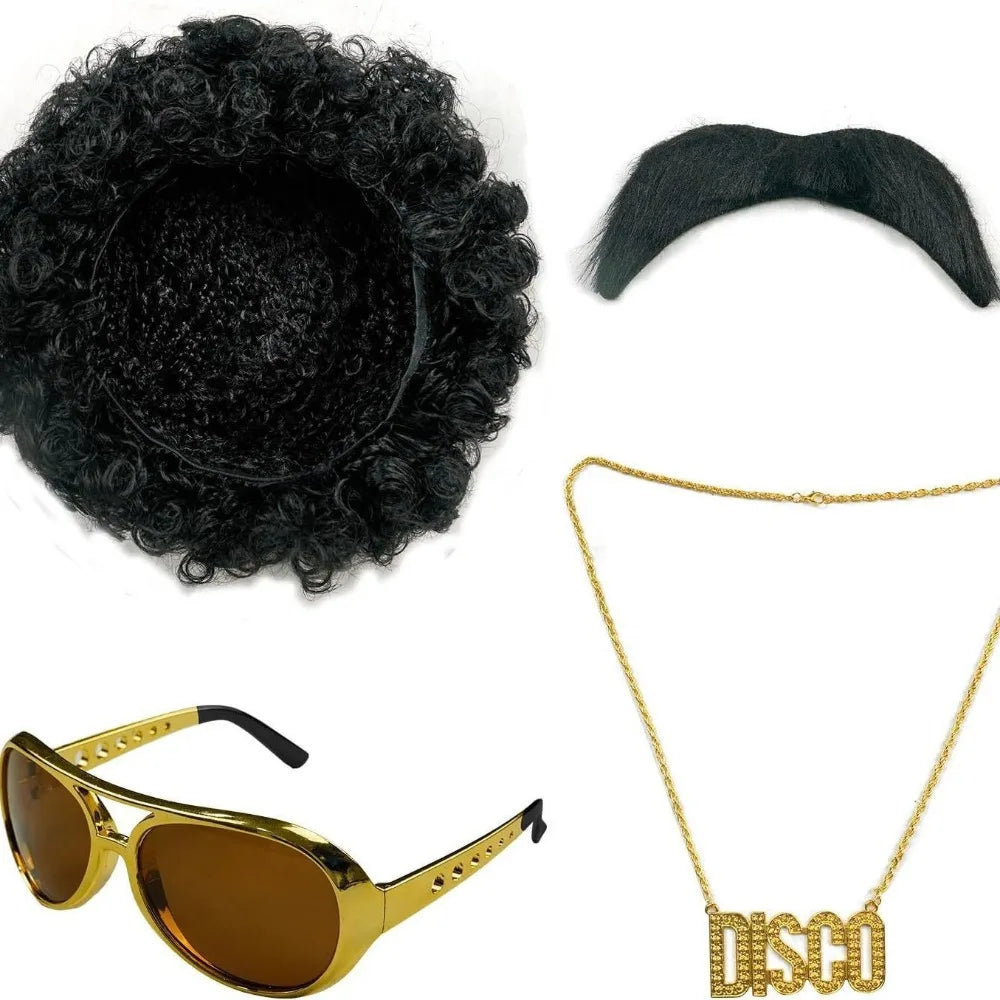 6 disfraces de discoteca de los años 70, incluyen camisa Retro, pantalones con parte inferior acampanada, peluca, gafas de sol, collar, gorro de peluca para fiesta disco, pantalón acampanado inferior