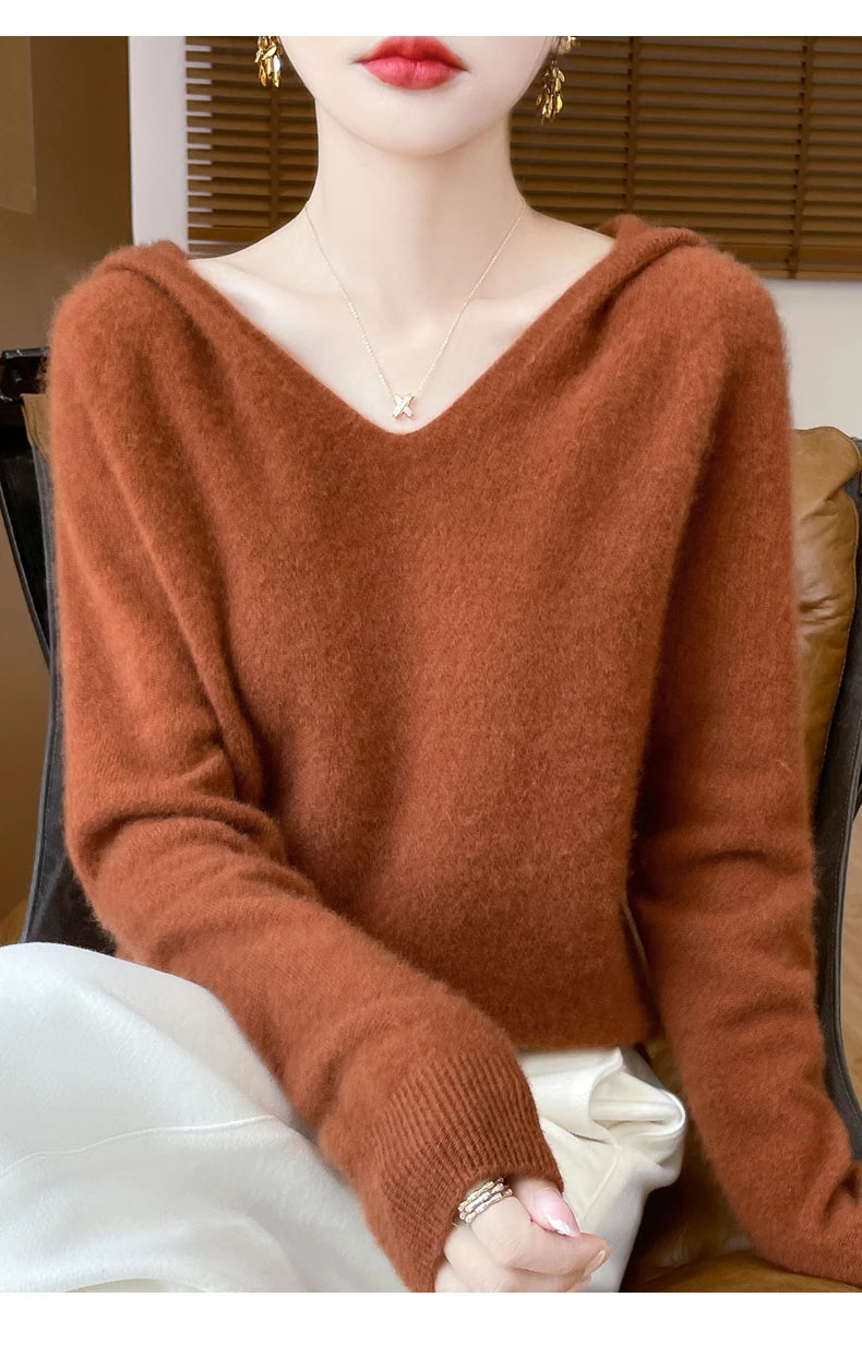 Ropa de Otoño Invierno para mujer, jersey con cuello con capucha, suéter de lana merina de 100%, Tops de Cachemira a la moda, prendas de punto suaves