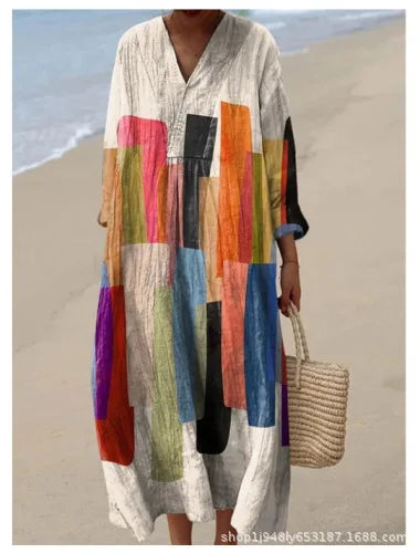 Vestido camisero con estampado Floral para mujer, vestido holgado a la moda con cuello en V, corte en A, elegante, para vacaciones en la playa, estilo sol, principios de otoño