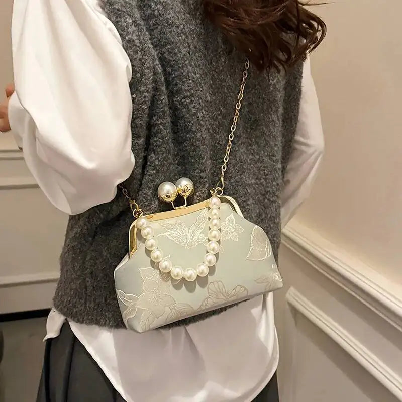 Bolso de mano bordado de estilo bohemio para mujer, bolsos de hombro con patrón floral, elegante bolso con correa de cadena y asa de metal, cartera de regalo