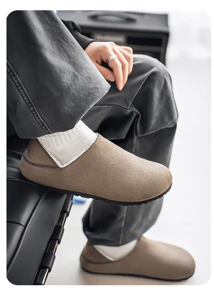 2025 zuecos de moda, zapatillas para hombre, zapatillas planas informales para exteriores, cómodas zapatillas de gamuza de suela gruesa, zapatos de playa antideslizantes para mujer