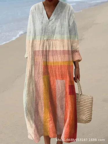 Vestido camisero con estampado Floral para mujer, vestido holgado a la moda con cuello en V, corte en A, elegante, para vacaciones en la playa, estilo sol, principios de otoño