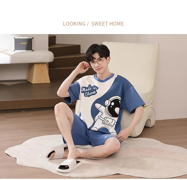 Pijamas para hombre y adolescente, pantalones cortos de algodón de manga corta con dibujos de astronauta, conjunto de ropa de descanso para estudiantes de secundaria, pijama para hombre, envío directo