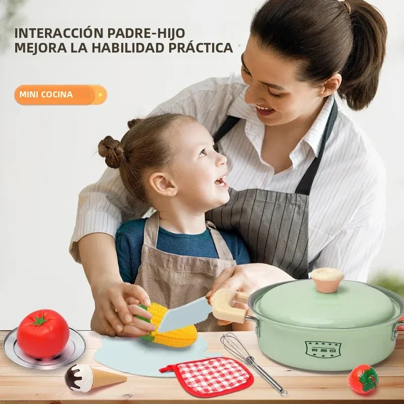Juego de utensilios de cocina para niños, accesorios de cocina, ollas de madera y acero inoxidable con comida, regalo para niños