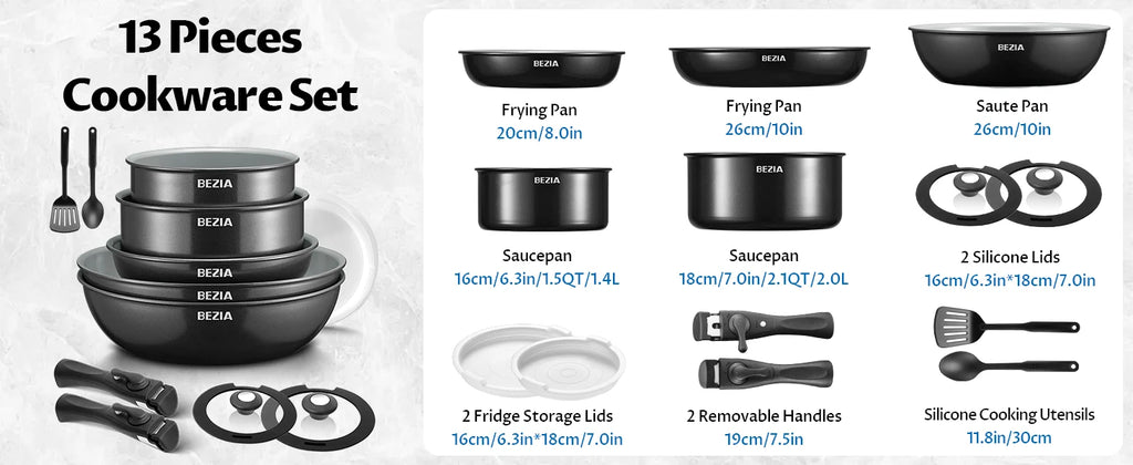 Batería de cocina de inducción Bezia con revestimiento cerámico saludable, ollas y sartenes antiadherentes, juego de 13 piezas con asas desmontables