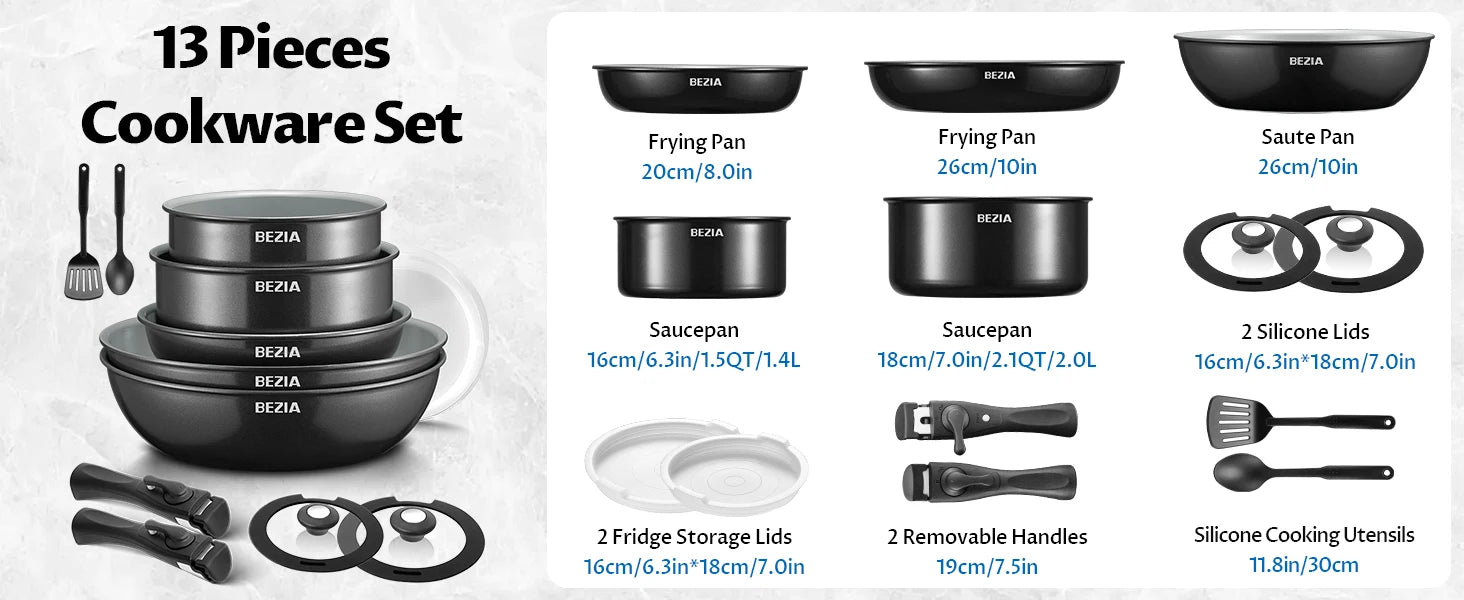 Batería de cocina de inducción Bezia con revestimiento cerámico saludable, ollas y sartenes antiadherentes, juego de 13 piezas con asas desmontables