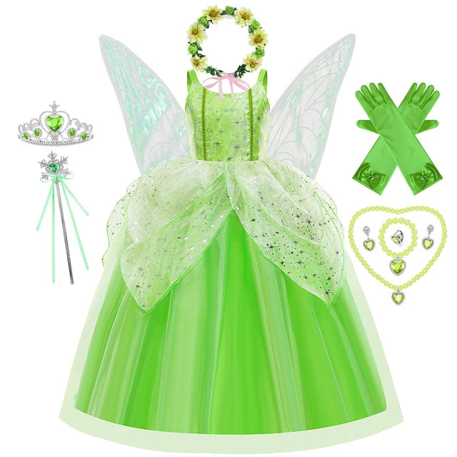 Vestido de Hada de las flores para niñas, vestido de princesa con alas, disfraz de princesa de Halloween, fiesta de elfos, Tinkerbell, vestido de campanilla