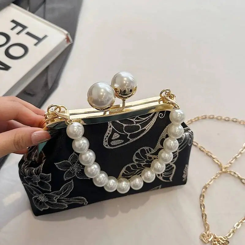 Bolso de mano bordado de estilo bohemio para mujer, bolsos de hombro con patrón floral, elegante bolso con correa de cadena y asa de metal, cartera de regalo