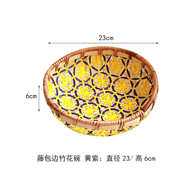 Cesta tejida colorida hecha a mano, bandeja de almacenamiento de aperitivos de frutas secas, cestas de almacenamiento de aperitivos de frutas secas hechas de bambú, cesta de picnic de frutas