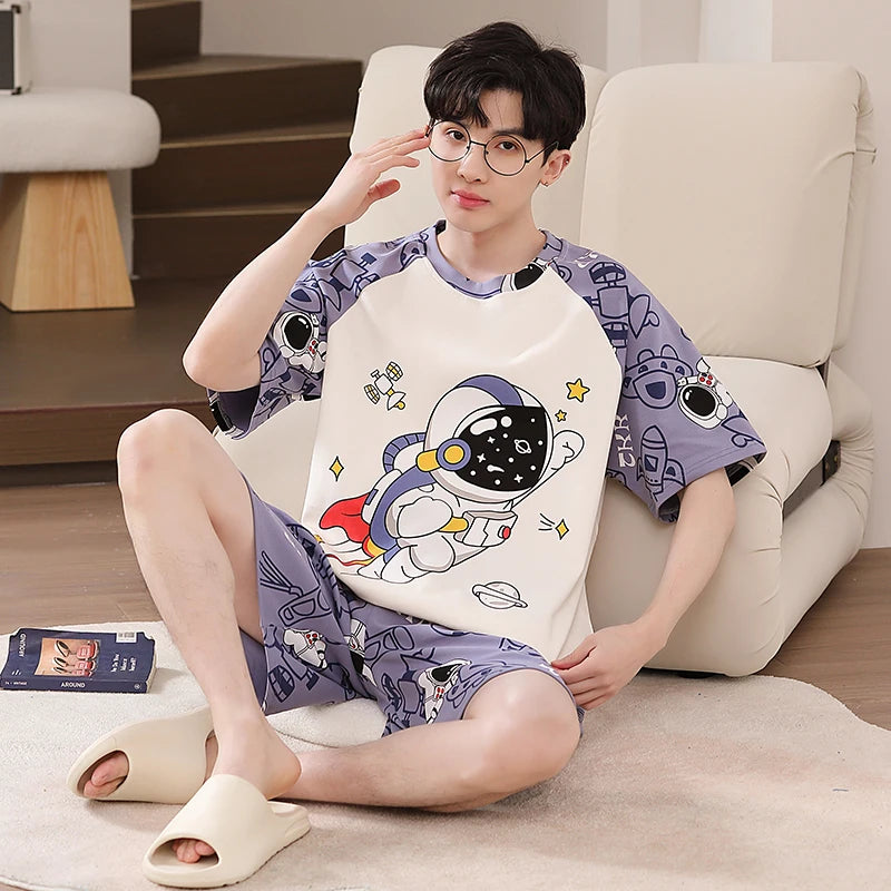 Pijamas para hombre y adolescente, pantalones cortos de algodón de manga corta con dibujos de astronauta, conjunto de ropa de descanso para estudiantes de secundaria, pijama para hombre, envío directo