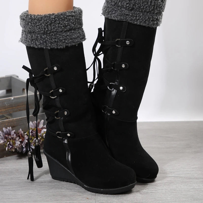 2025-26 Botas De nieve para Mujer, botas De moda hasta la rodilla cálidas para invierno, botas altas con cordones traseros De lujo, Zapatos cómodos para Mujer