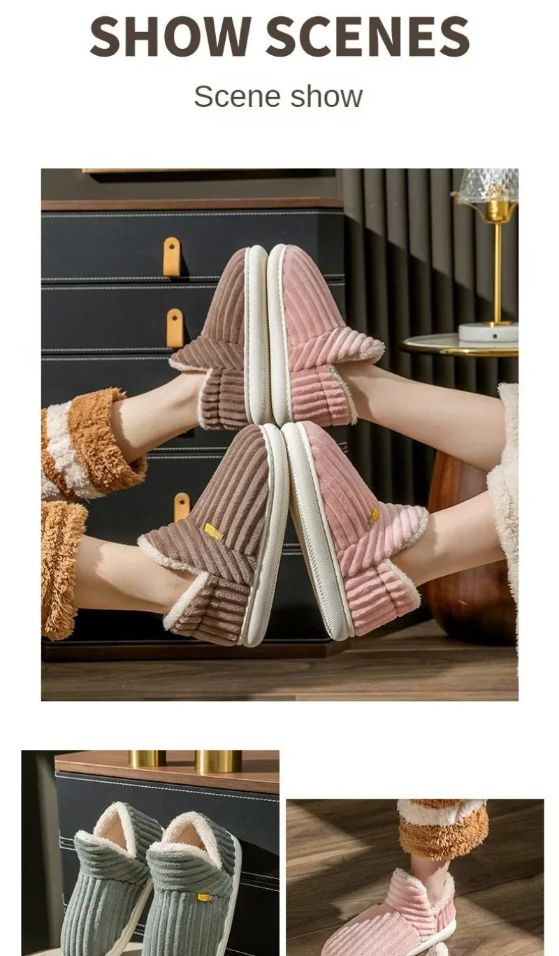 Zapatillas de piel peluda para hombre y mujer, zapatos de algodón con suela suave, cálidos, a la moda, de felpa, para el hogar