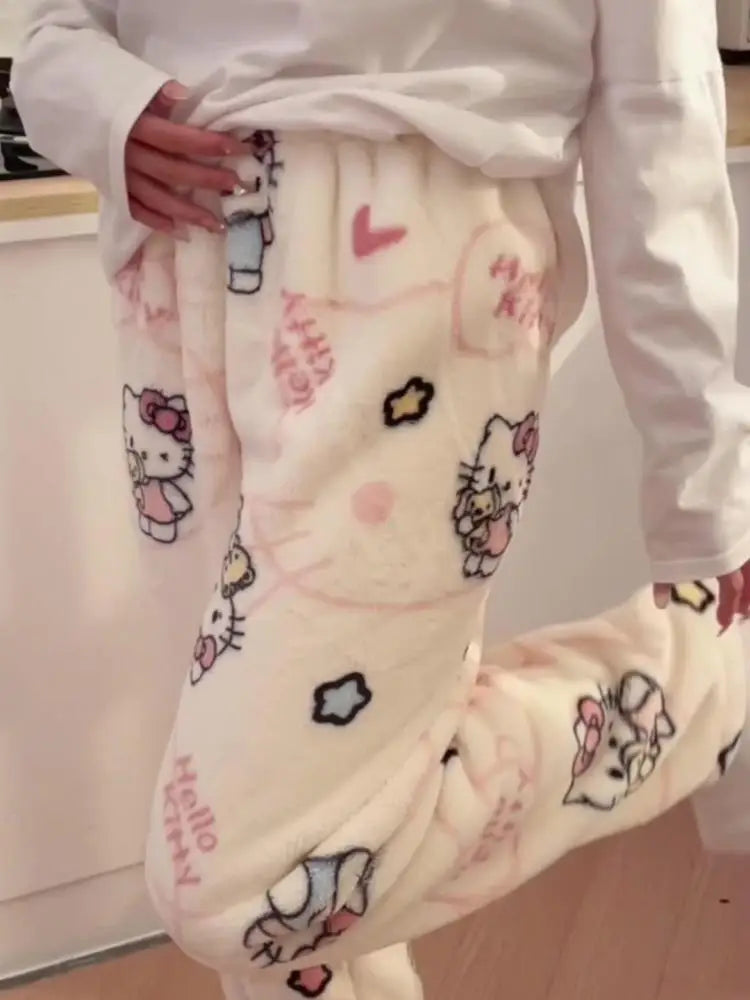 Pantalones de pijamas de franela de invierno para mujer, pantalones de felpa de Hello Kitty Sanrio Kawaii, pantalones cálidos de terciopelo Coral grueso para dormir, pantalones de casa