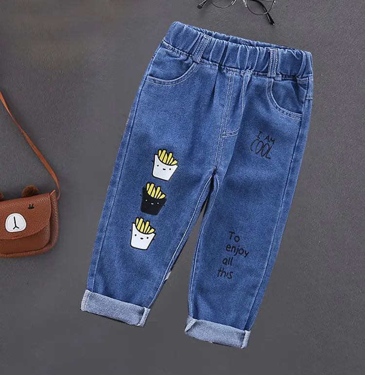 Primavera otoño niños Jeans niños algodón estampado empalme pantalones vaqueros elásticos pantalones coreanos para adolescentes ropa para niños DenimRipped