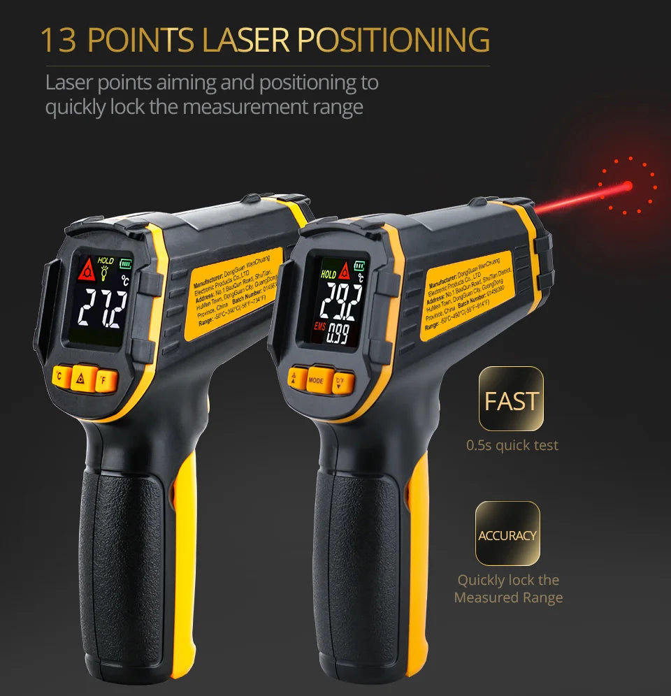 Termómetro infrarrojo Digital medidor de temperatura láser pirómetro sin contacto higrómetro IR Termometro Color LCD alarma de luz