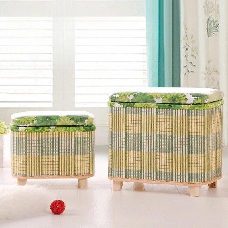 Taburete de almacenamiento tejido de bambú ecológico, caja organizadora multifuncional de madera, banco de sofá para pasillo, balcón, reposapiés para zapatos