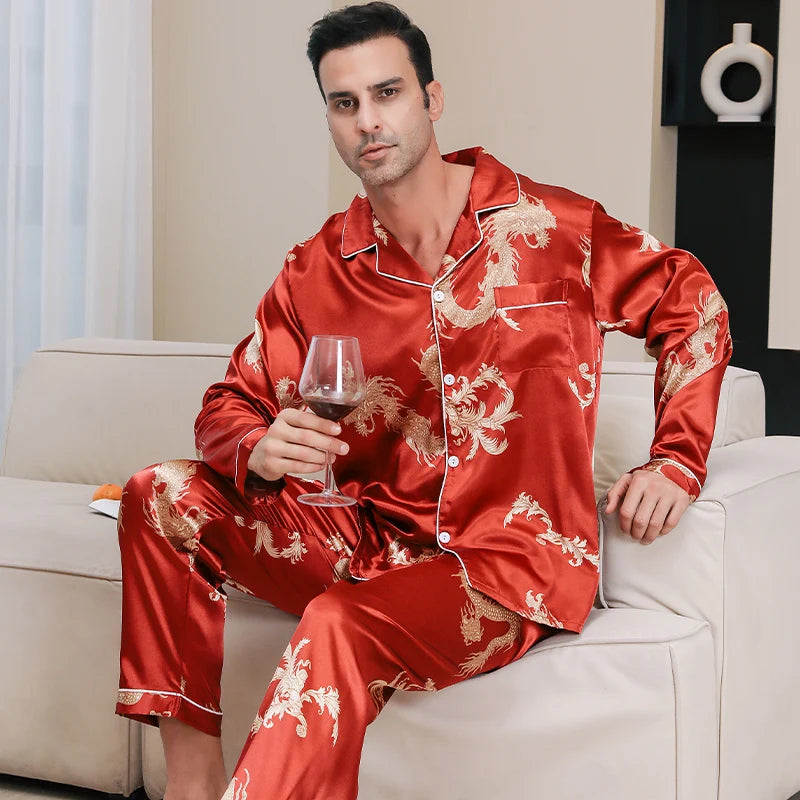 Pijamas de seda de hielo para hombre ropa de dormir de manga larga dragón chino año del zodiaco rojo talla grande primavera y otoño 2024