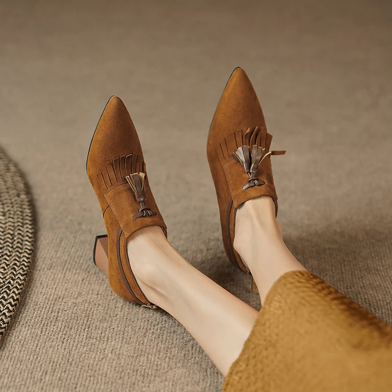 2025 primavera zapatos de mujer puntiagudos tacón grueso zapatos de tacón alto de gamuza de oveja zapatos con hebilla de cinturón para mujer zapatos de mujer